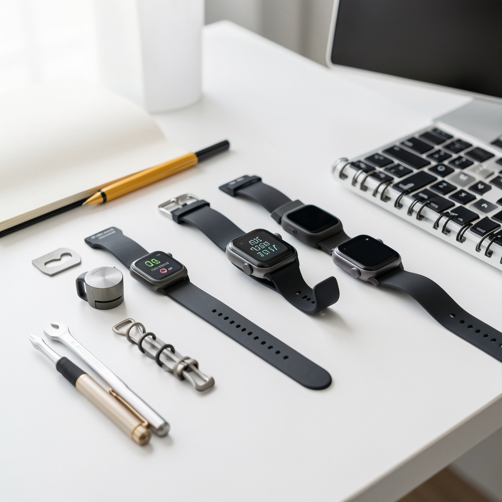 Expert tehnic analizând mai multe modele de smartwatch pe un birou alb cu unelte de comparație și notebook
