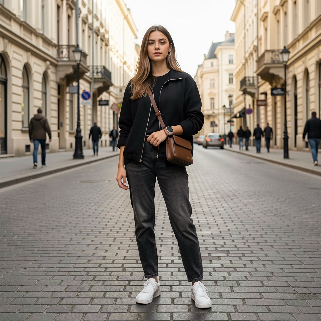 Model tânăr în ținută urbană modernă cu sneakers albi, geantă crossbody și smartwatch pe stradă din centrul Bucureștiului