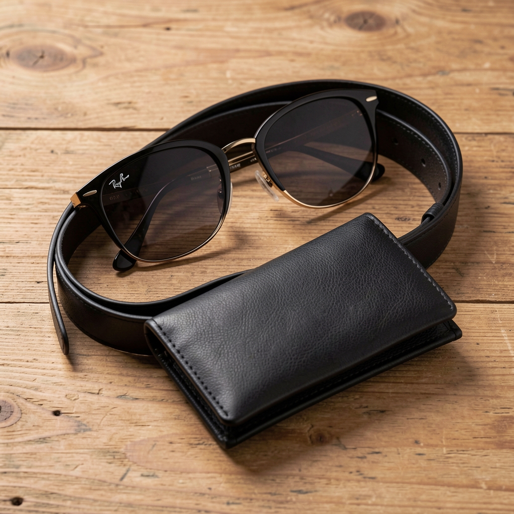 Accesorii fashion premium: ochelari de soare Ray-Ban, curea din piele neagră și portofel slim pe fundal de lemn natural