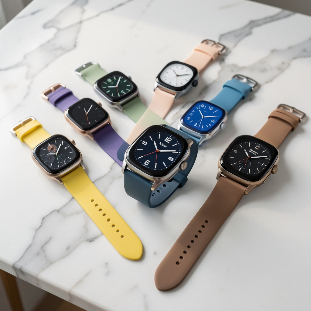Colecție de ceasuri smartwatch premium pe suprafață de marmură albă, modele Apple Watch și Samsung Galaxy Watch cu brățări colorate
