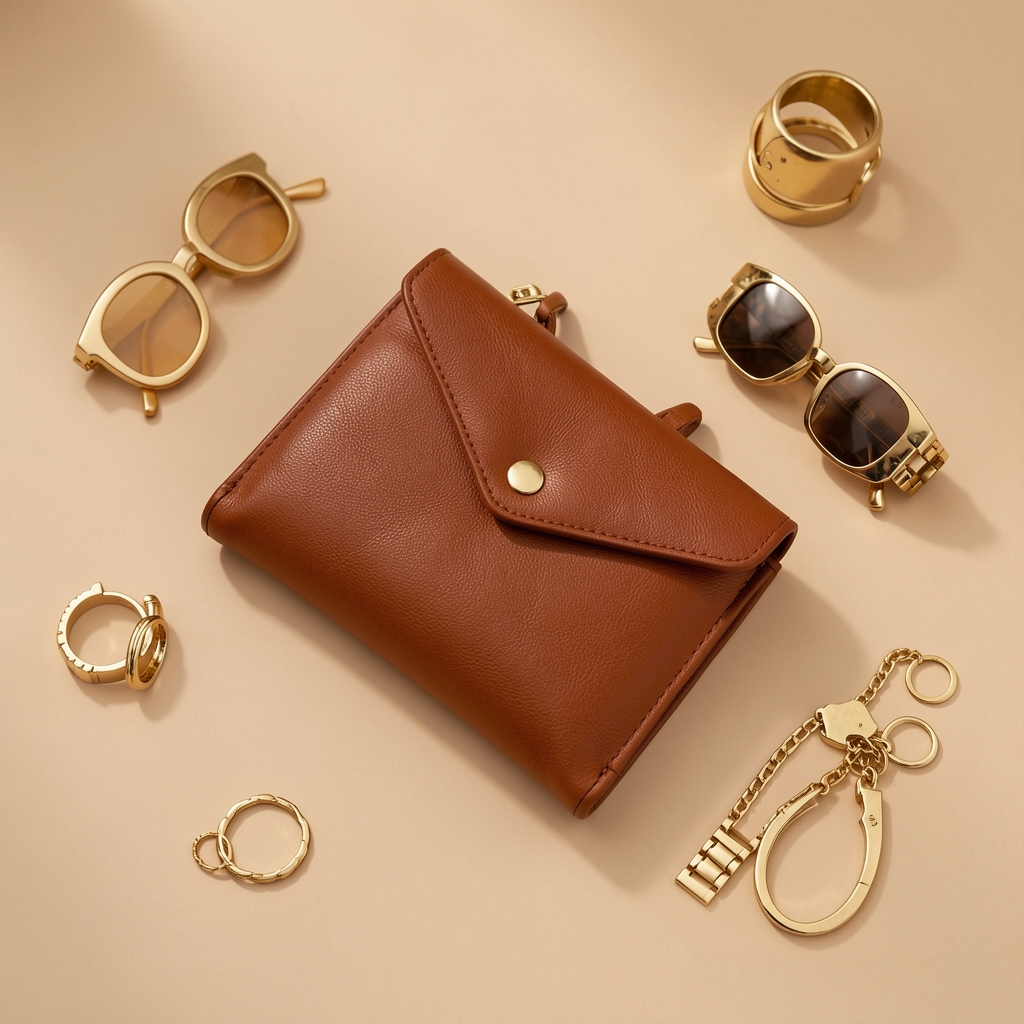 Geantă din piele maro caramel de lux pe fundal bej deschis cu accesorii aurii, model lifestyle fashion premium