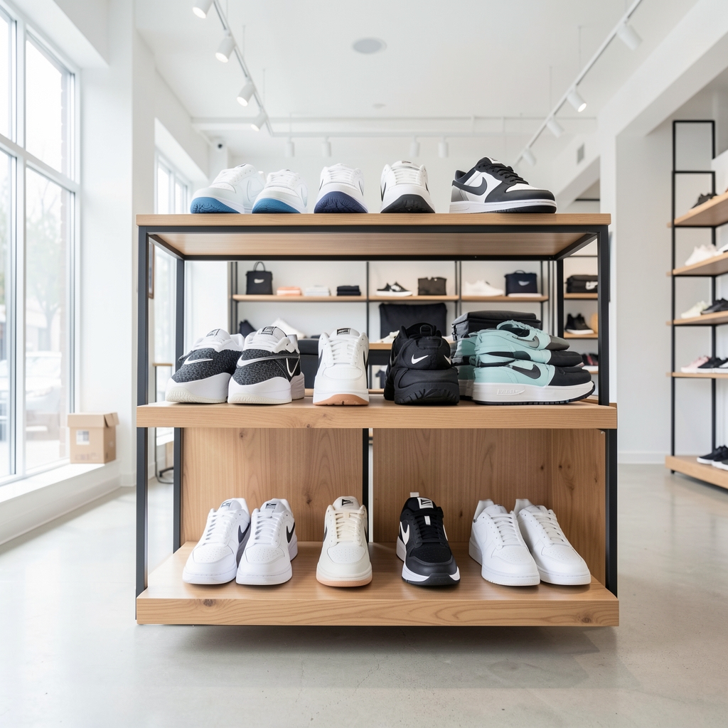 Sneakers premium Nike Air Max albi pe asfalt urban gri în lumina amiezii, stil stradal minimalist