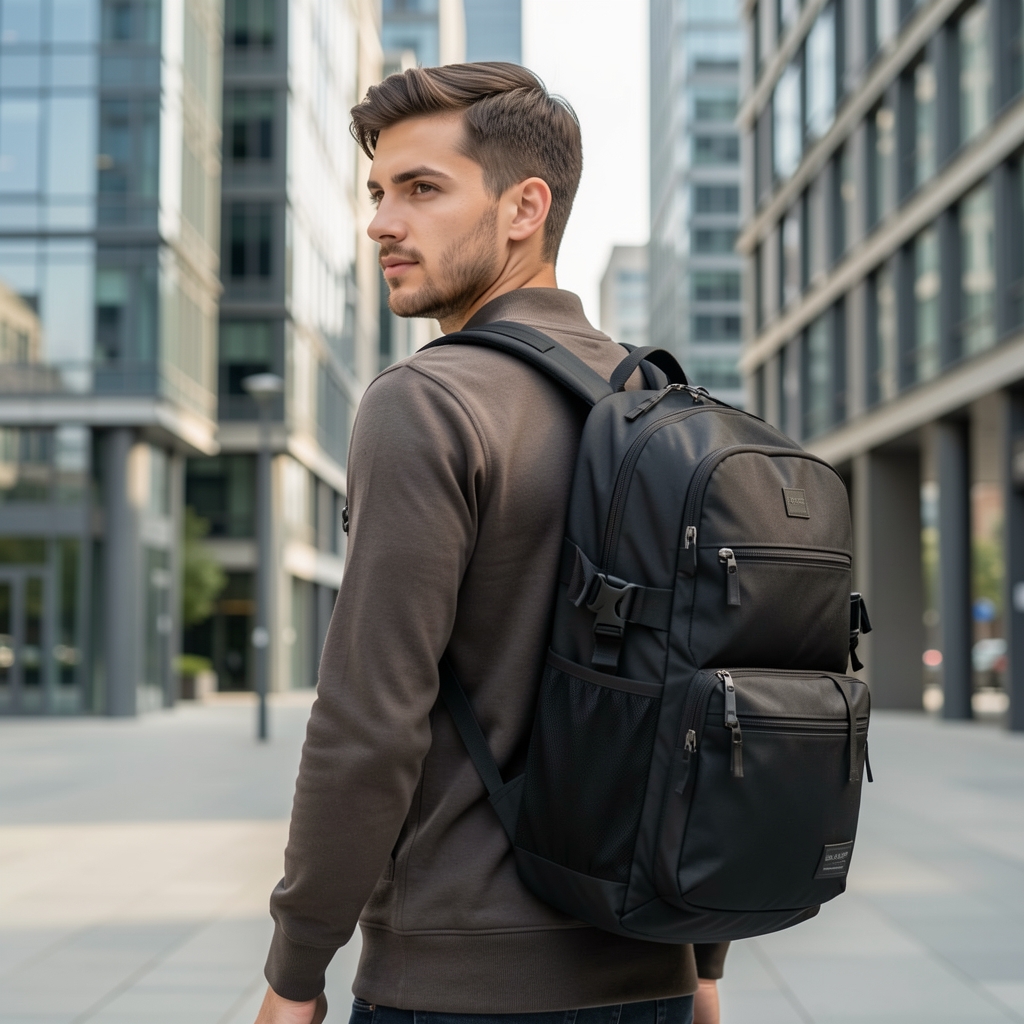Rucsac urban negru din nailon tehnic cu multiple compartimente pe umărul unui bărbat tânăr în mediu urban, clădiri moderne în fundal
