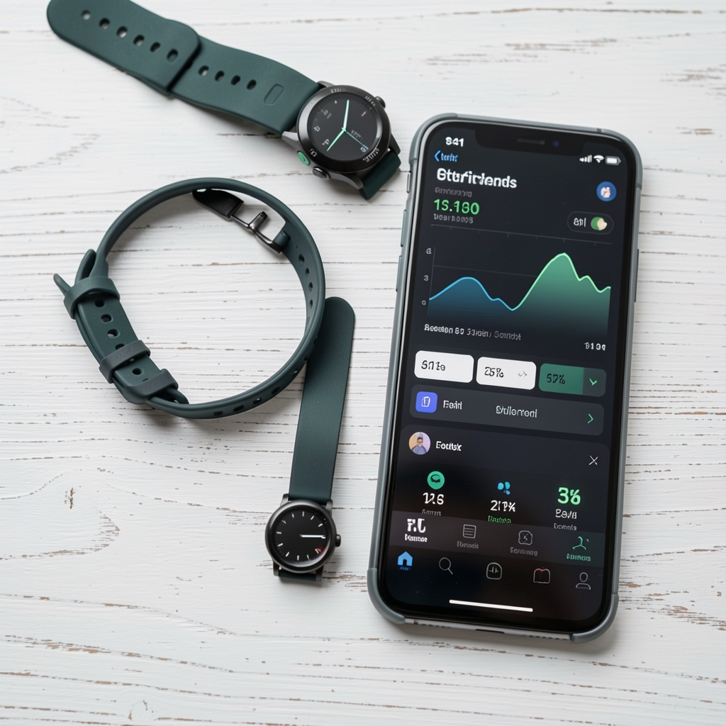 Brățară fitness wearable Fitbit și căști wireless Sony pe birou minimalist gri cu plante decorative