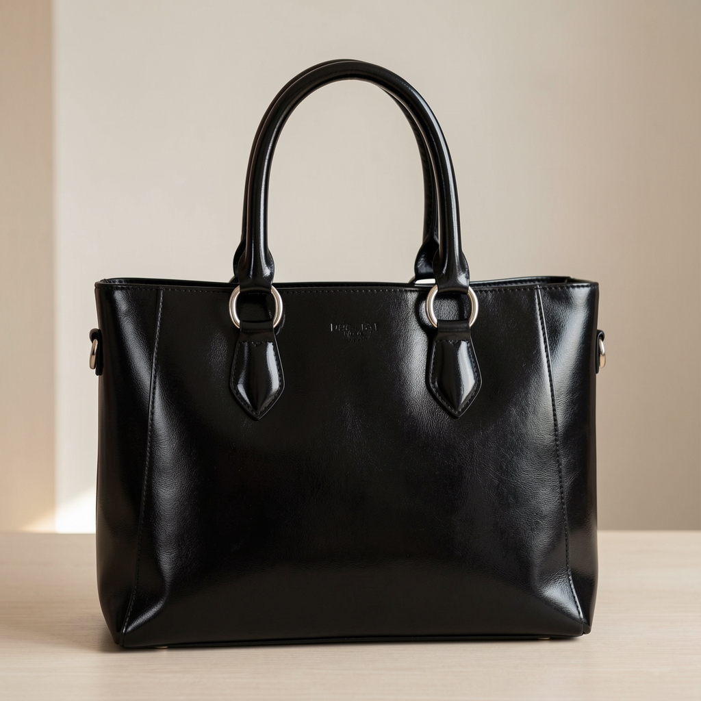 Geantă de mână din piele naturală negru lucios cu mâner dublu și feronerie argintie, model structured tote, dimensiune medie