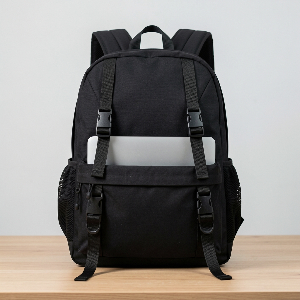 Rucsac urban din nailon negru cu compartiment laptop 15 inch, curele ergonomice, design minimalist, stil business casual