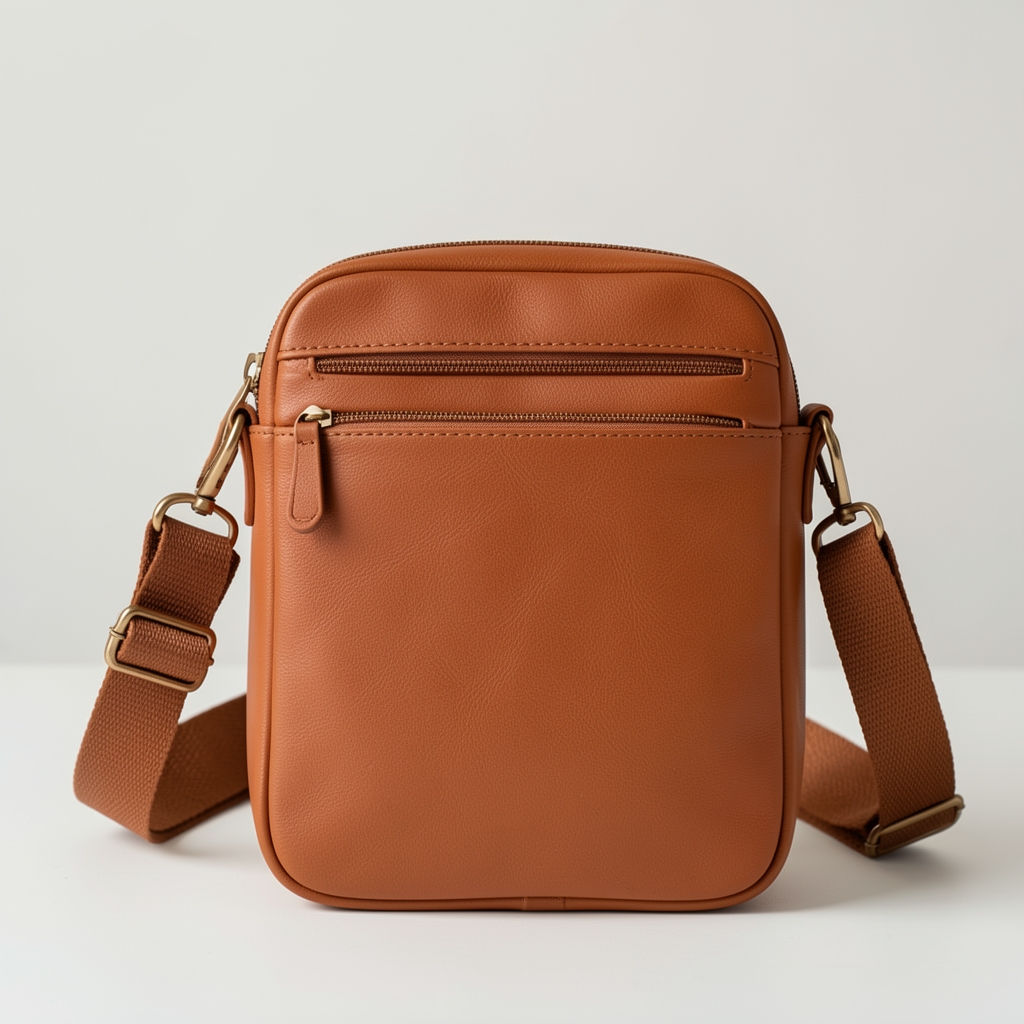 Geantă crossbody din piele cognac cu curea de umăr reglabilă, închidere magnetică, interior captuşit, format compact
