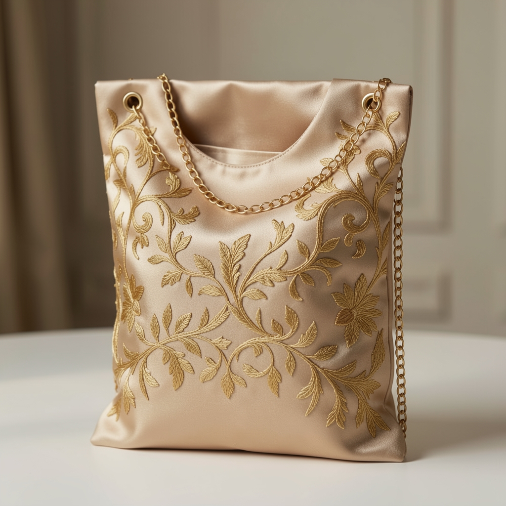 Poșetă elegantă din satin bej cu detalii brodate aurii și lanț subțire de umăr, pentru ocazii speciale, seară sau evenimente