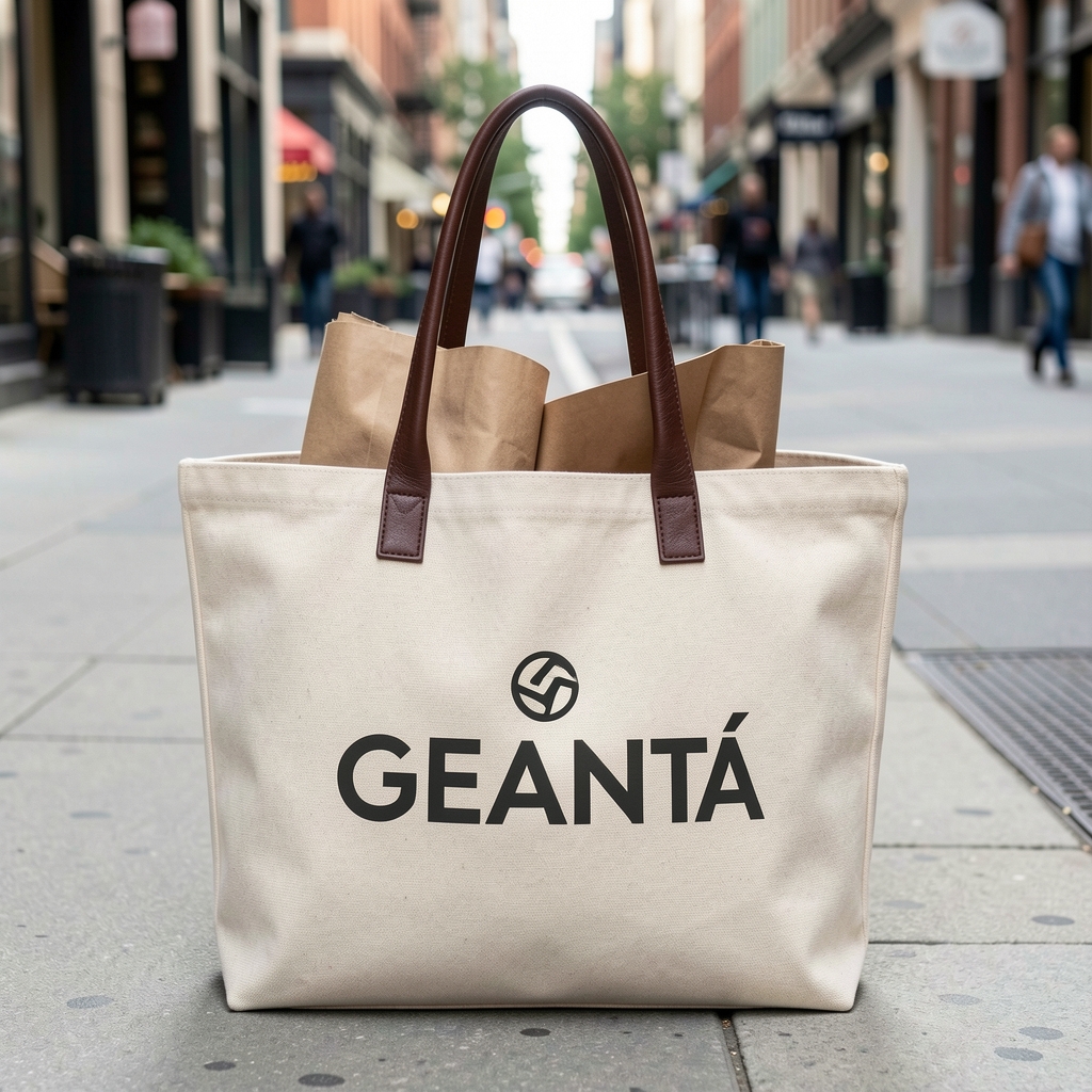 Geantă shopper mare din canvas ecru cu inscripție logo brand, mânere de piele maro, interior spațios, ideal pentru cumpărături urbane
