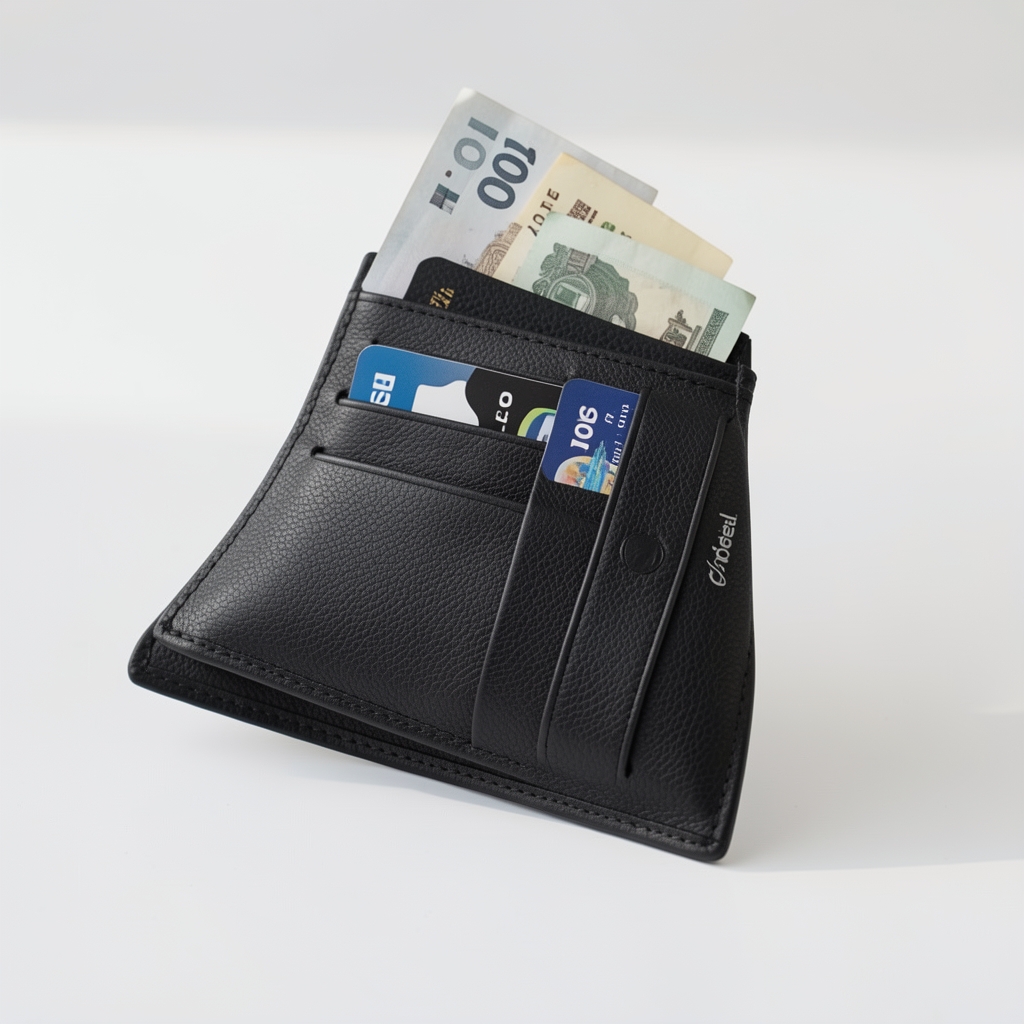 Portofel slim din piele neagră full-grain cu 8 sloturi carduri, compartiment bancnote, RFID protection, format minimalist
