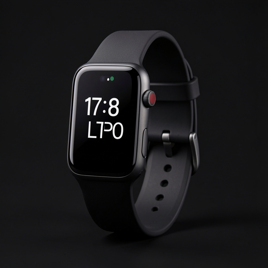 Apple Watch Series 9 negru cu curea sport neagră, afișaj always-on LTPO retina, pe fundal negru minimalist de studio