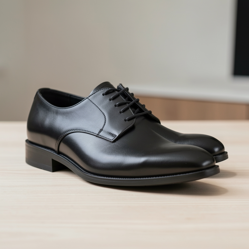 Pantofi derby din piele neagră lucioasă cu talpă de cauciuc, cusături Oxford, stil smart casual pentru birou și evenimente