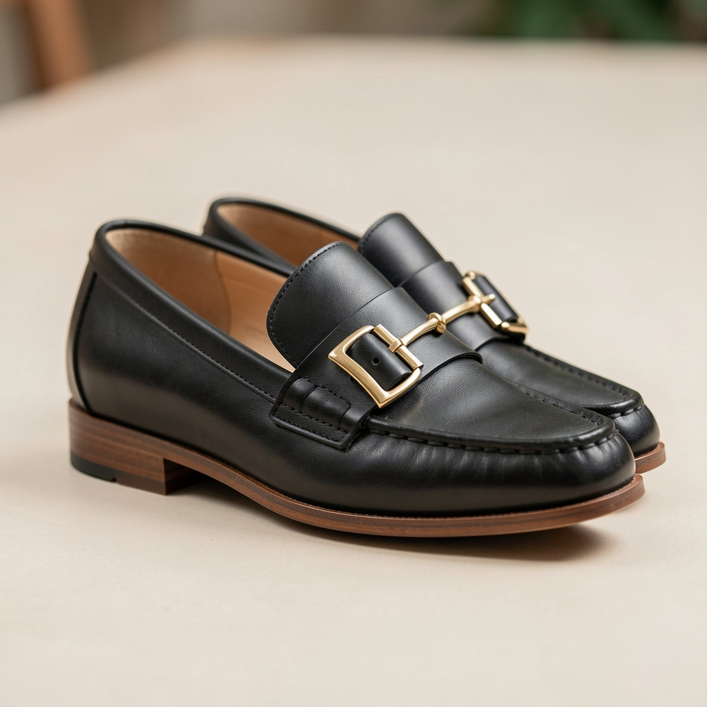 Loafers din piele neagră cu buckle metalic auriu, talpă din piele naturală, stil mocasin Italian pentru femei