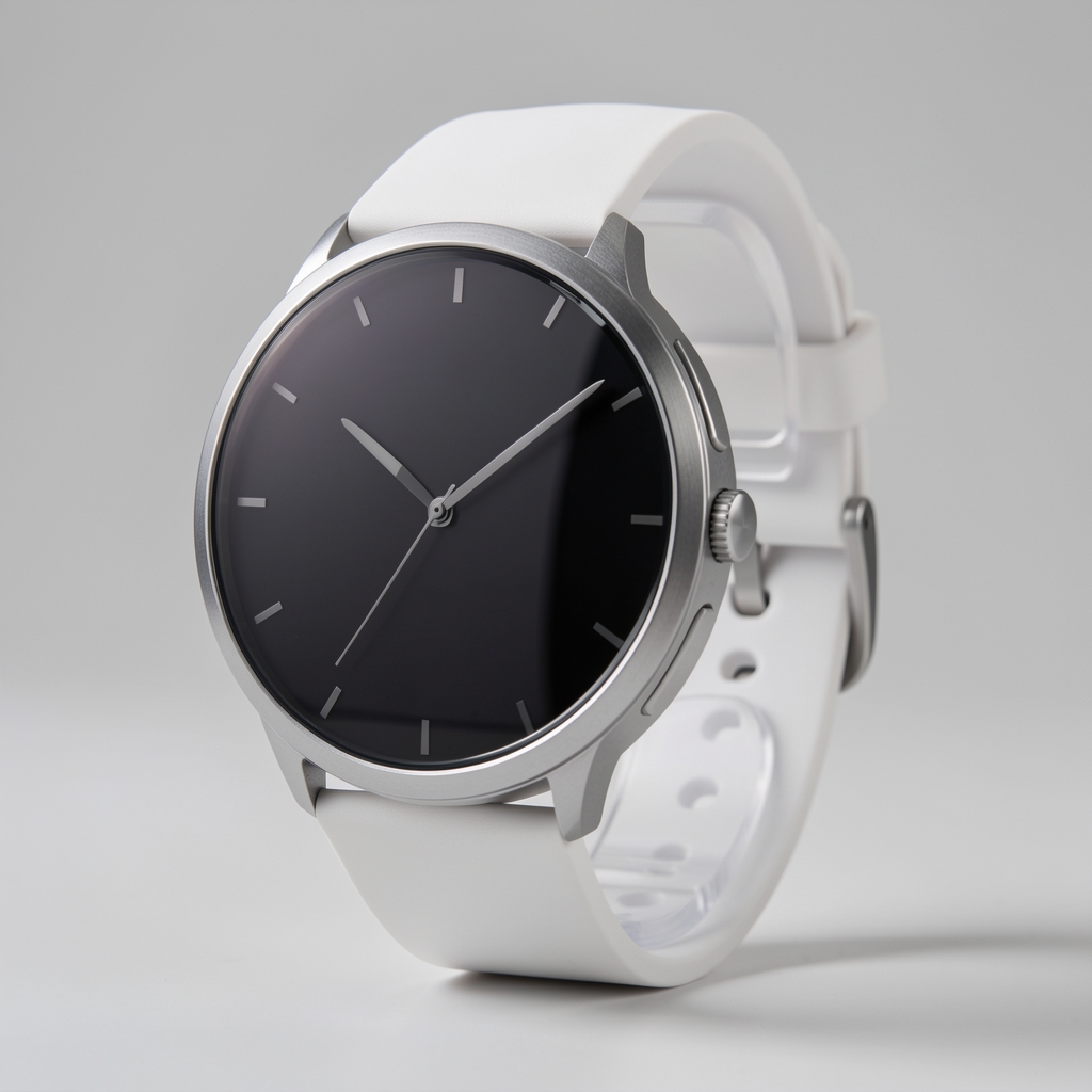 Apple Watch Series 9 cu carcasă din aluminiu argintiu și brățară sport neagră, afișaj OLED retina pe fundal alb