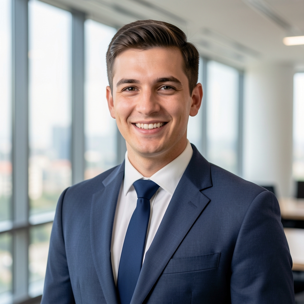 Alexandru Radu, CEO Velmora, bărbat tânăr zâmbitor în costum bleumarin, birou modern cu ferestre mari în București
