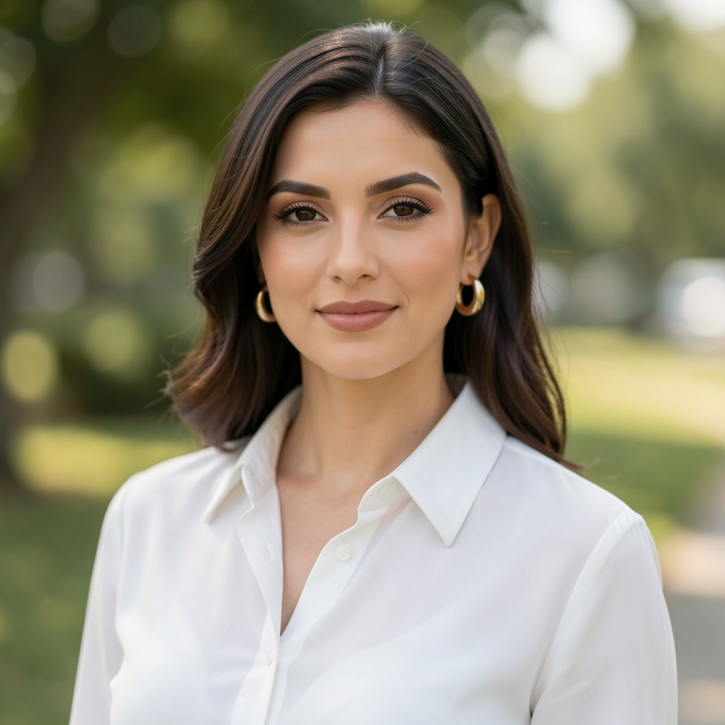 Ioana Constantin, Director Fashion Velmora, femeie elegantă cu bluză albă și cercei aurii, studio de fotografie profesional