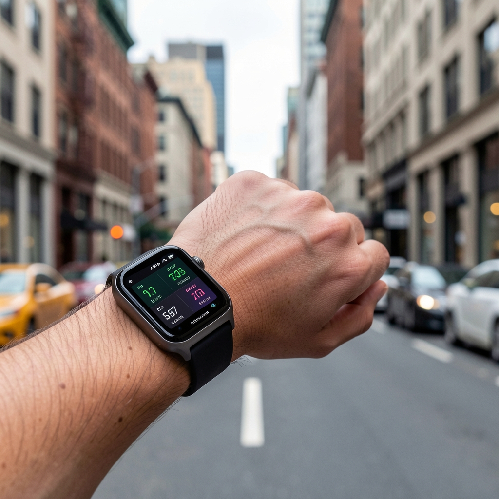 Fitbit Charge 6 negru pe încheietura mâinii unei persoane în mediu urban, display AMOLED cu statistici fitness vizibile, curea silicone neagră