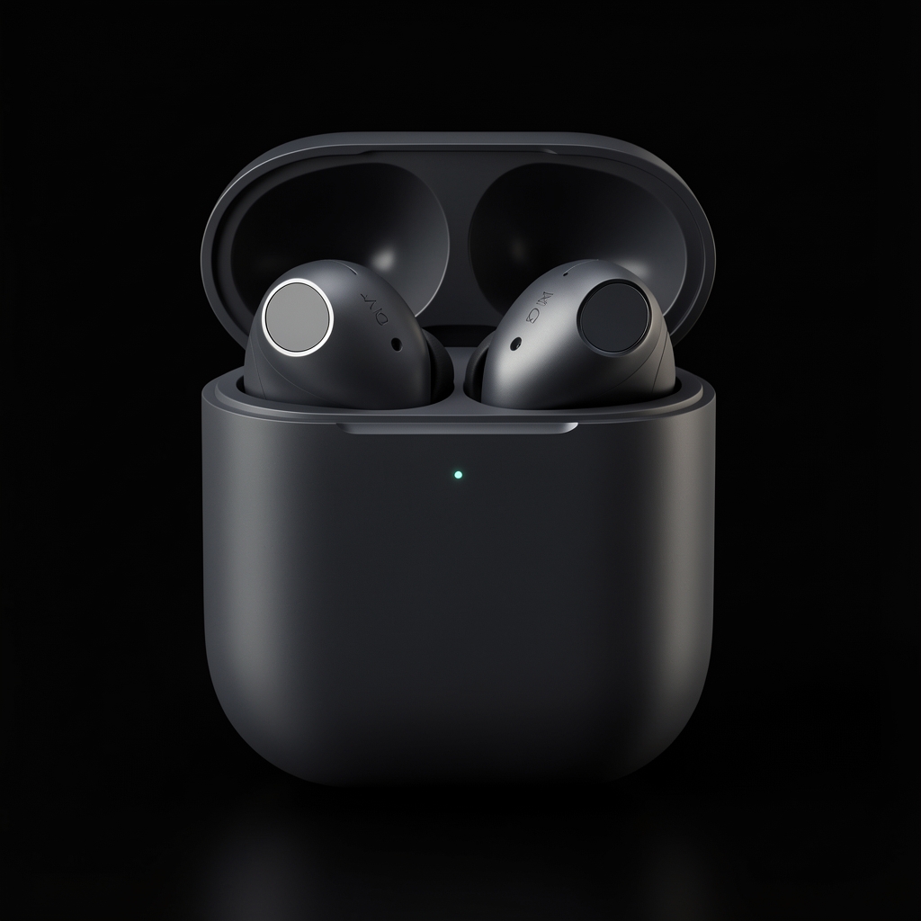 Sony WF-1000XM5 earbuds negri în carcasa de încărcare mată, fundalul negru studio, detalii design ergonomic și finisaj premium