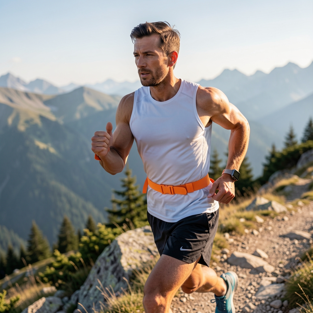 Garmin Fenix 7 Solar cu carcasă titan argintie și curea portocalie sport, afisat pe încheietura unui alergător pe munte