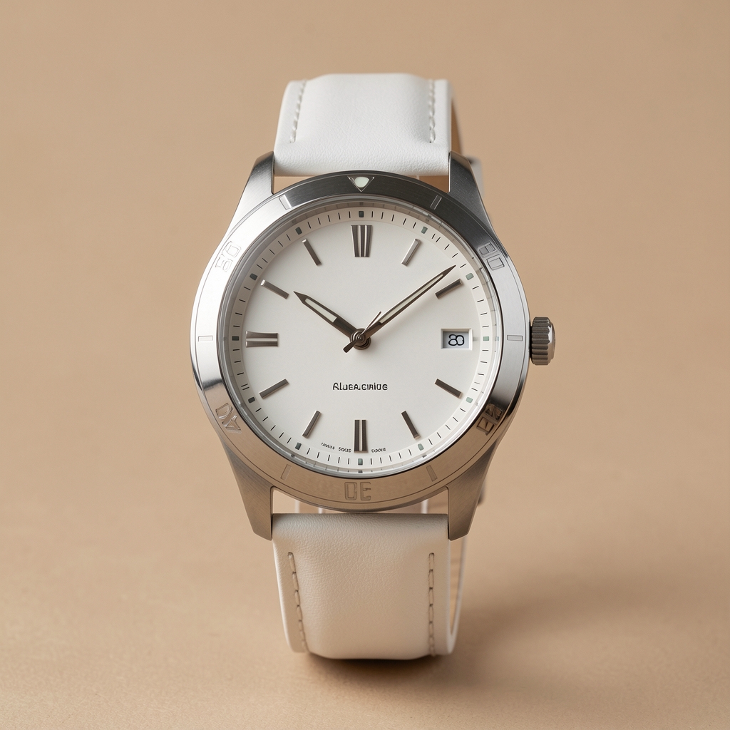 Samsung Galaxy Watch 6 Classic rozu auriu cu bezel rotativ din oțel inoxidabil, curea piele albă, pe fundal bej elegant
